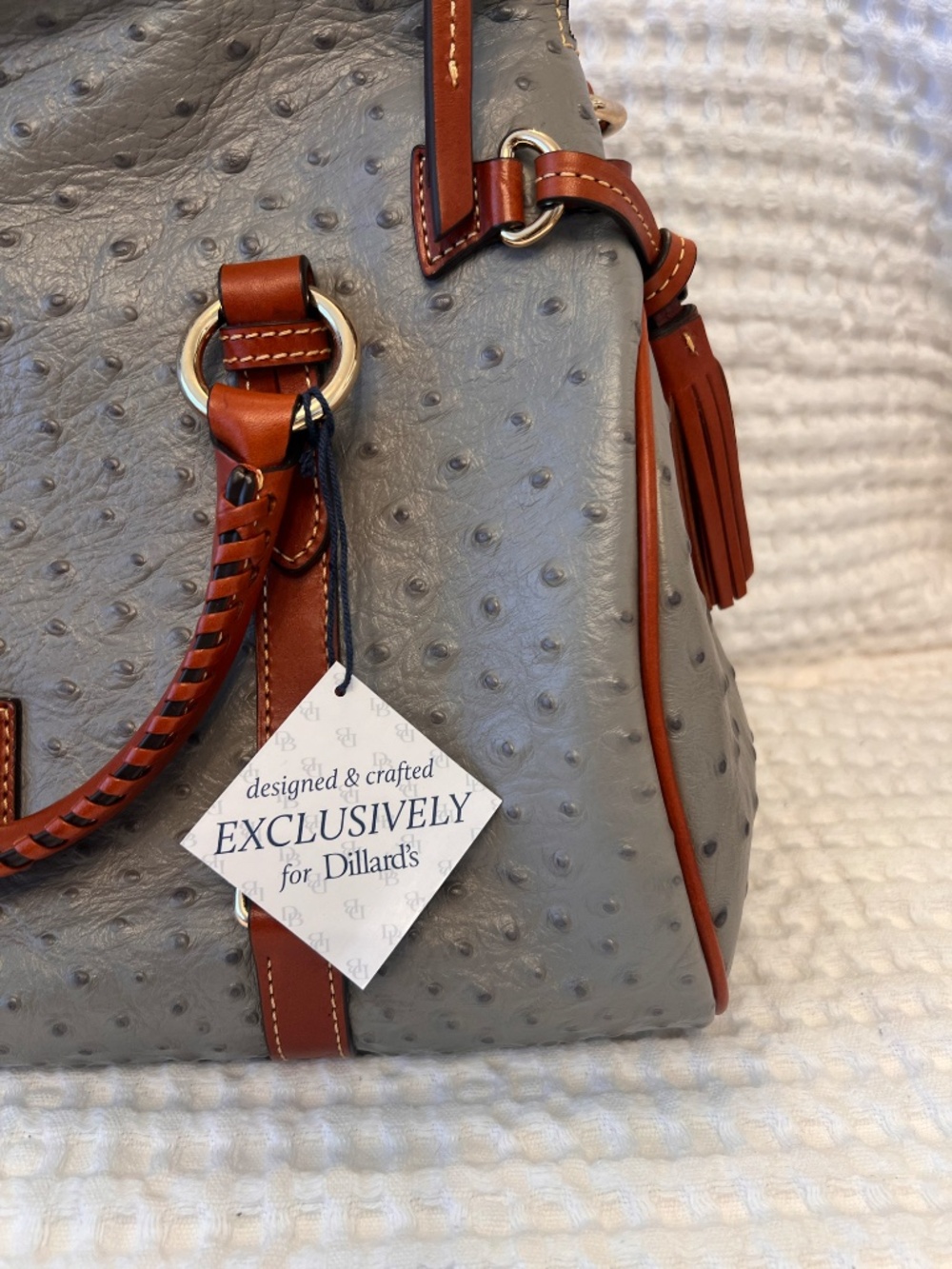 Dooney & Bourke Ostrich Embossed Satchel Gray Tassel Bag Brown Trim Gold Hardwar - Picture 6 of 16